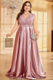 Blush Pink A Line V Neck Satin Mother Of The Bride Dress