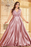 Blush Pink A Line V Neck Satin Mother Of The Bride Dress