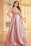 Blush Pink A Line V Neck Satin Mother Of The Bride Dress