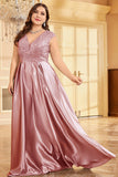 Blush Pink A Line V Neck Satin Mother Of The Bride Dress
