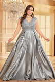 Blush Pink A Line V Neck Satin Mother Of The Bride Dress