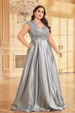 Blush Pink A Line V Neck Satin Mother Of The Bride Dress