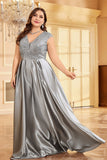 Blush Pink A Line V Neck Satin Mother Of The Bride Dress