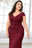 Burgundy Sheath Plus Size Sequin Mother Of The Bride Dress
