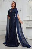 Sparkly Mermaid Navy Cape Mother Of Bride Dress