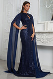 Sparkly Mermaid Navy Cape Mother Of Bride Dress