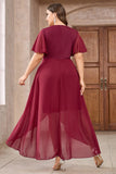 Burgundy Round Neck Appliqued High-Low Mother Of Bride Dress