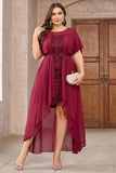Burgundy Round Neck Appliqued High-Low Mother Of Bride Dress