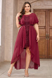 Burgundy Round Neck Appliqued High-Low Mother Of Bride Dress