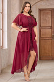Burgundy Round Neck Appliqued High-Low Mother Of Bride Dress