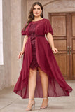 Burgundy Round Neck Appliqued High-Low Mother Of Bride Dress