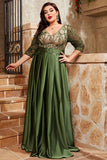 A Line Satin Appliqued V-Neck Plus Size Olive Mother of the Bride Dress