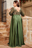 A Line Satin Appliqued V-Neck Plus Size Olive Mother of the Bride Dress