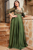 A Line Satin Appliqued V-Neck Plus Size Olive Mother of the Bride Dress