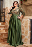 A Line Satin Appliqued V-Neck Plus Size Olive Mother of the Bride Dress