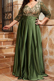 A Line Satin Appliqued V-Neck Plus Size Olive Mother of the Bride Dress