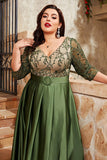 A Line Satin Appliqued V-Neck Plus Size Olive Mother of the Bride Dress