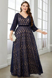 A Line V-Neck Navy Plus Size Mother of the Bride Dress