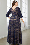 A Line V-Neck Navy Plus Size Mother of the Bride Dress