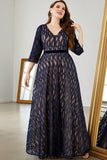 A Line V-Neck Navy Plus Size Mother of the Bride Dress