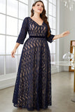 A Line V-Neck Navy Plus Size Mother of the Bride Dress
