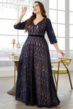 A Line V-Neck Navy Plus Size Mother of the Bride Dress