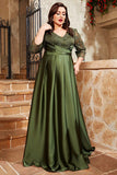 Plus Size A Line Appliqued V-Neck Olive Mother of the Bride Dress