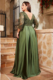 Plus Size A Line Appliqued V-Neck Olive Mother of the Bride Dress