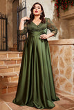 Plus Size A Line Appliqued V-Neck Olive Mother of the Bride Dress