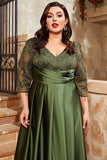 Plus Size A Line Appliqued V-Neck Olive Mother of the Bride Dress