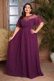 A Line Illusion Neck Grape Plus Size Mother of the Bride Dress