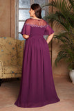 A Line Illusion Neck Grape Plus Size Mother of the Bride Dress
