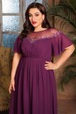 A Line Illusion Neck Grape Plus Size Mother of the Bride Dress