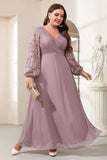Purple A Line Plus Size Mother of the Bride Dress with Long Sleeves