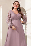 Purple A Line Plus Size Mother of the Bride Dress with Long Sleeves