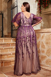 Purple A Line Appliqued Plus Size Mother of the Bride Dress