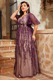 Purple A Line Appliqued Plus Size Mother of the Bride Dress