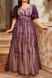 Purple A Line Appliqued Plus Size Mother of the Bride Dress