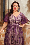 Purple A Line Appliqued Plus Size Mother of the Bride Dress