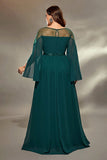 Glitter A Line Illusion Neck Peacock Blue Plus Size Mother of the Bride Dress
