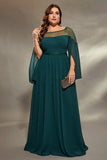Glitter A Line Illusion Neck Peacock Blue Plus Size Mother of the Bride Dress