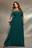 Glitter A Line Illusion Neck Peacock Blue Plus Size Mother of the Bride Dress