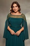 Glitter A Line Illusion Neck Peacock Blue Plus Size Mother of the Bride Dress