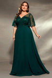 Plus Size A Line Appliqued V-Neck Pine Mother of the Bride Dress