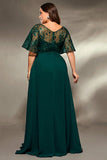 Plus Size A Line Appliqued V-Neck Pine Mother of the Bride Dress