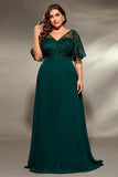 Plus Size A Line Appliqued V-Neck Pine Mother of the Bride Dress