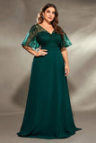 Plus Size A Line Appliqued V-Neck Pine Mother of the Bride Dress