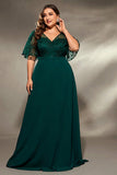 Plus Size A Line Appliqued V-Neck Pine Mother of the Bride Dress