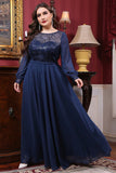A Line Illusion Neck Navy Plus Size Mother of the Bride Dress