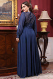 A Line Illusion Neck Navy Plus Size Mother of the Bride Dress